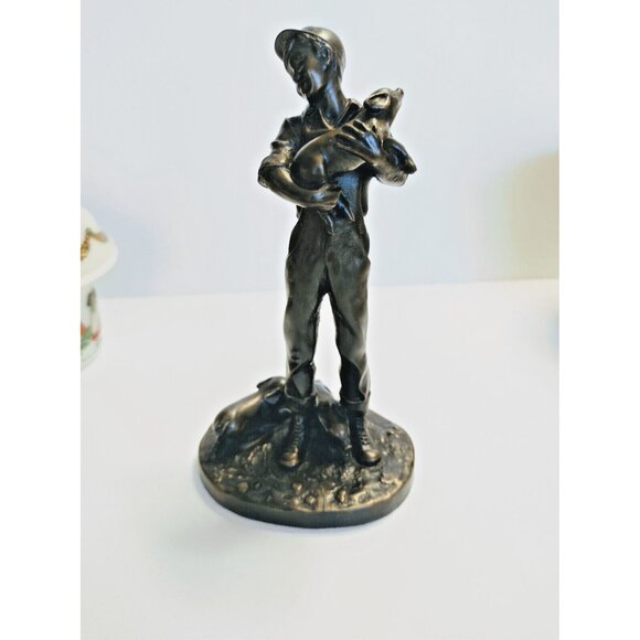 Heredities Vintage Resin Bronz Boy holding piglet Figurine P.Parsons - Picture 5 of 11